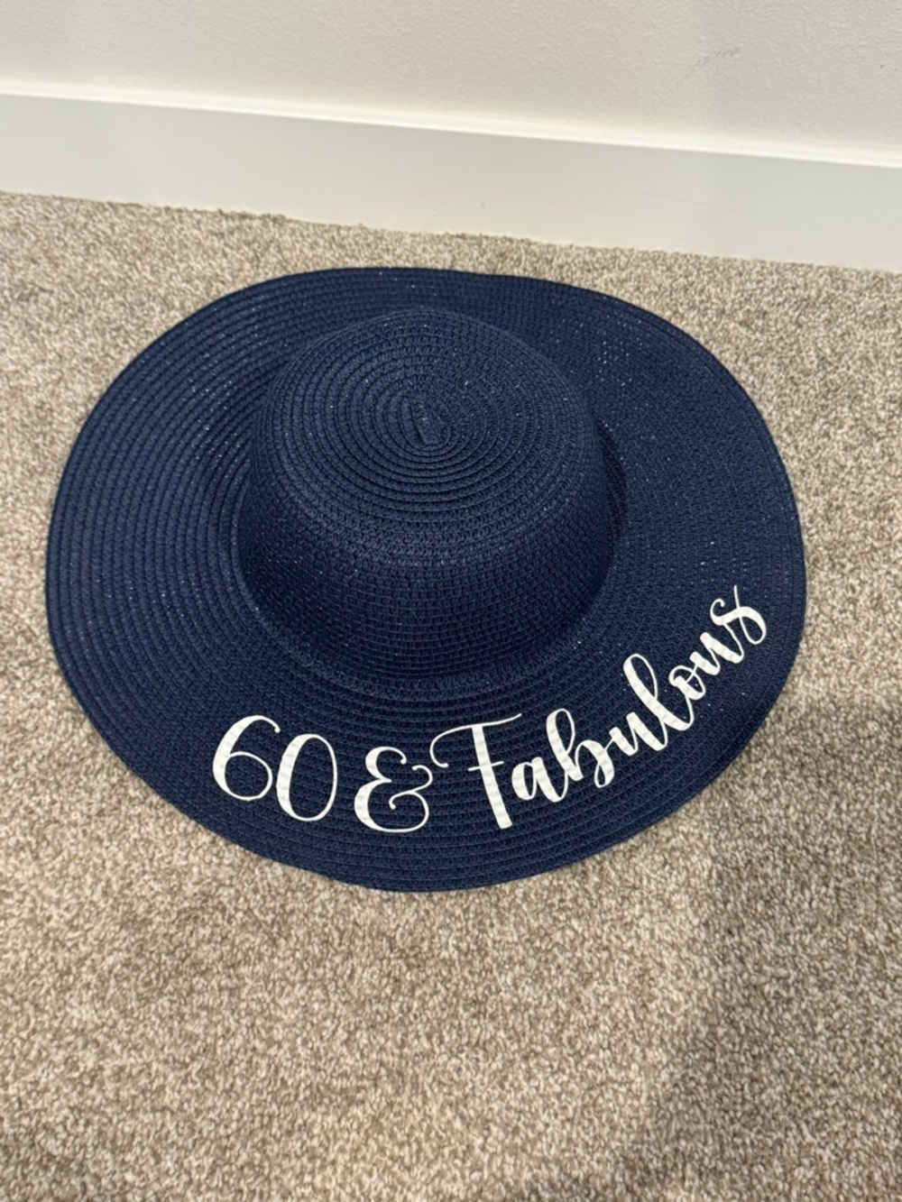 Wide Brim Straw Sun Hat - Navy "60 & Fabulous"